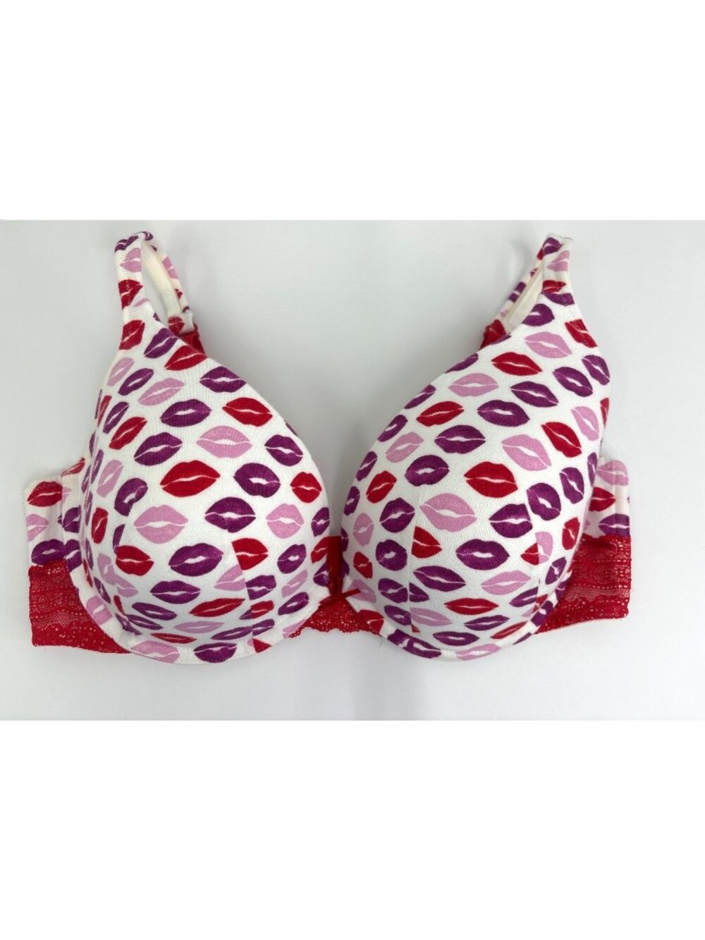 Cacique Plunge Push Up Cotton Underwire Bra Lip Print Red 40DD